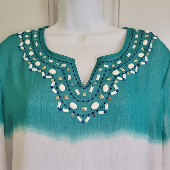 Alfred Dunner Colorblock Blouse Embellished Beaded Neck Blue Green White Size 14 - Picture 2 of 10